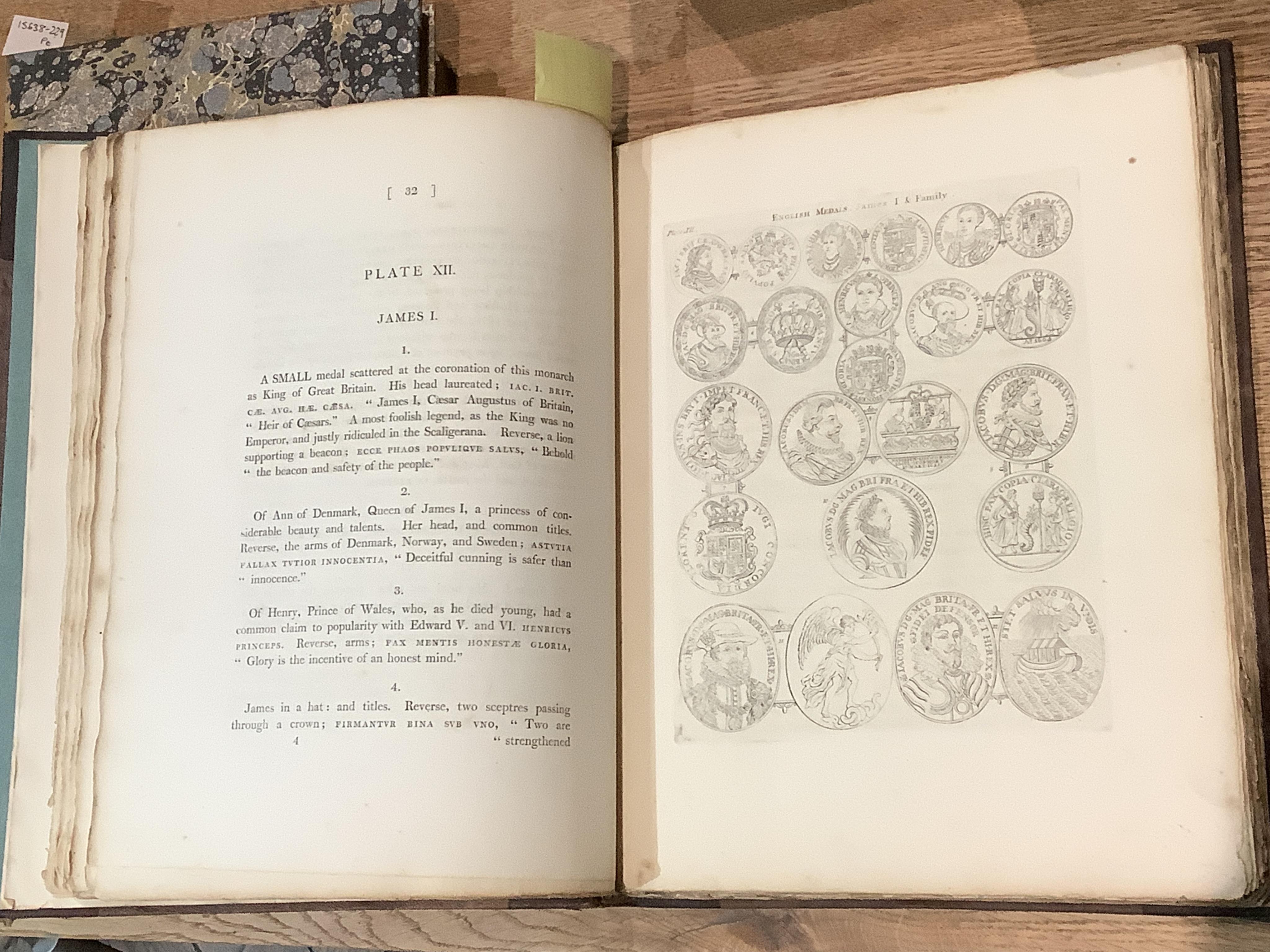 Rapin de Thoyras and Plates engraved by J S Muller for Mr Tindal's continuation of Mr Rapin's Medallic History of England, Vols III-IV Pt II in one volume 1744-47, rebound; another copy nd. incomplete but with 37 plates;